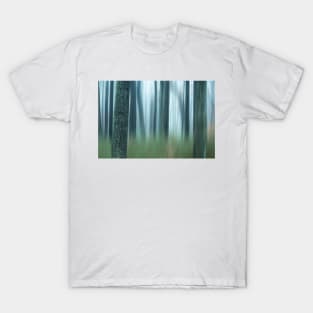 semi blurred trees in forest with vertical lines T-Shirt